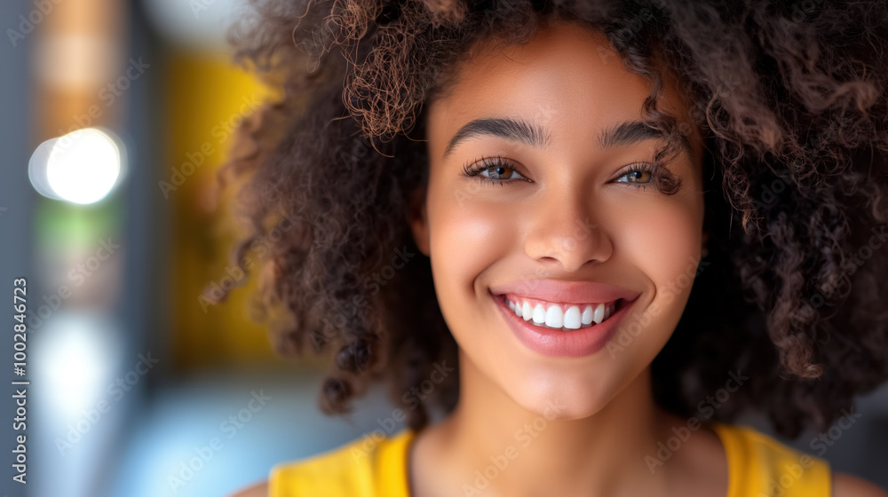 Bright and cheerful woman with curly hair smiles confidently in a vibrant, colorful setting. Her radiant expression reflects joy, positivity, and natural beauty. Bright and cheerful woman with curly hair smiles confidently in a vibrant, colorful setting. Her radiant expression reflects joy, positivity, and natural beauty.