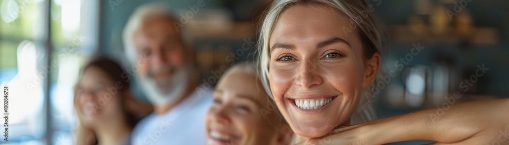 Group of friends smiling together in a cozy cafe setting. Group of friends smiling together in a cozy cafe setting.