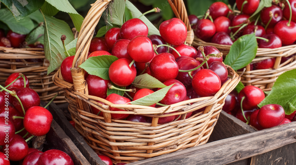 Baskets filled with ripe, juicy cherries at a market. The vibrant red color and natural shine of the cherries convey freshness, health, and a bountiful harvest. Baskets filled with ripe, juicy cherries at a market. The vibrant red color and natural shine of the cherries convey freshness, health, and a bountiful harvest.