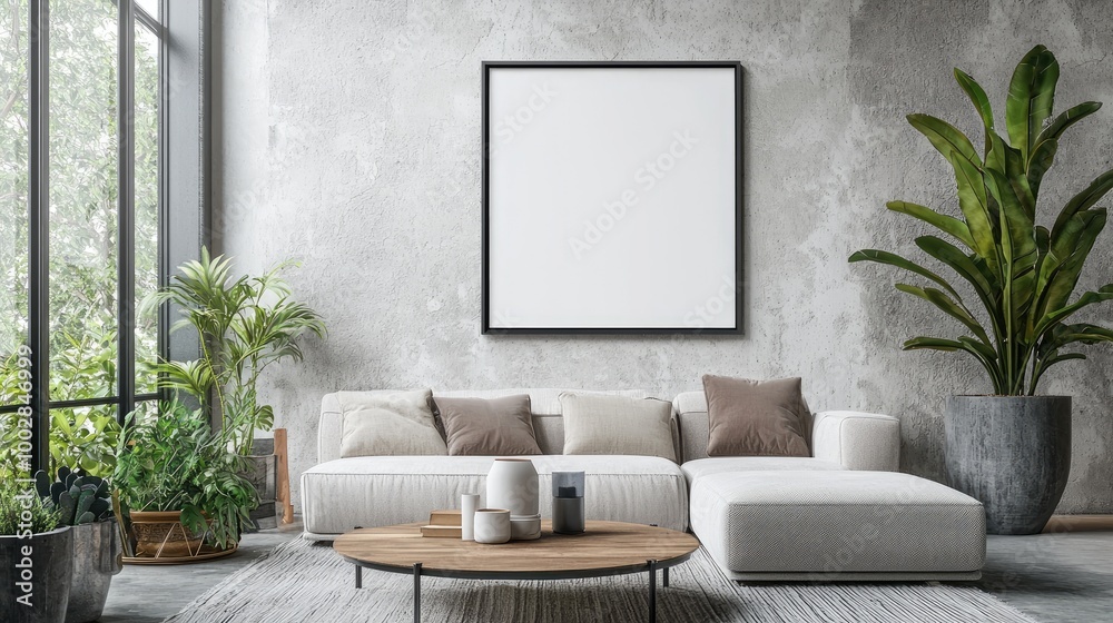 Modern Living Room Mockup with Blank Frame and Cozy Sofa. Modern Living Room Mockup with Blank Frame and Cozy Sofa.