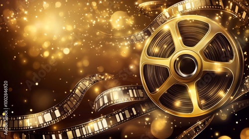 A festive banner with film strips, perfect for a movie award ceremony. It features a golden film reel, all in a vector illustration style.
