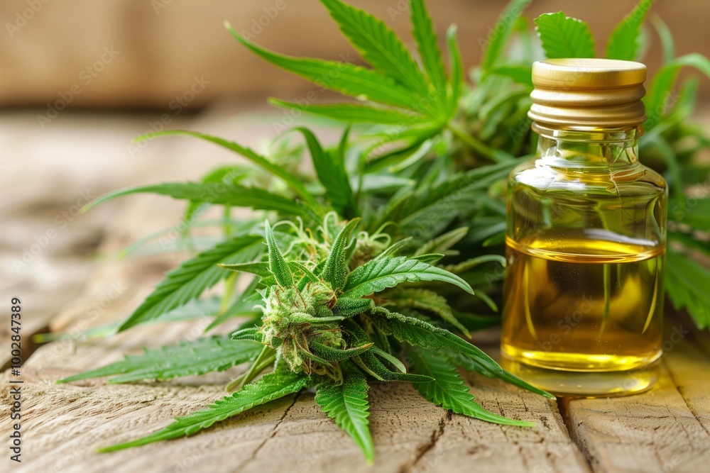 There is marijuana and hemp oil on the table There is marijuana and hemp oil on the table