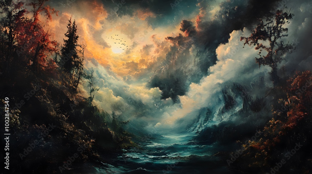 Fototapeta premium Dramatic Stormy Landscape with Moody Clouds and Misty Forest