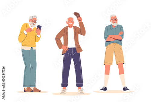 Elderly Men Display Different Emotions And Gestures, Senior Characters Distinctly Dressed, Reflecting Diverse Styles