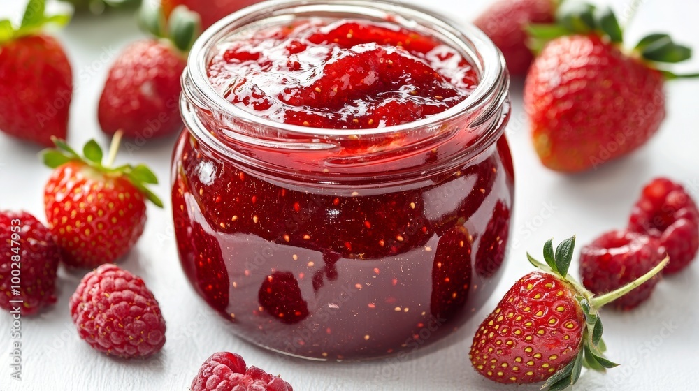 A glass jar filled with strawberry jam sits on a white surface. The jar could also contain raspberry jam. A glass jar filled with strawberry jam sits on a white surface. The jar could also contain raspberry jam.