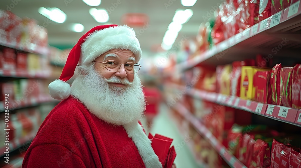 Smiling Santa Claus in a retail setting, inviting customers to embrace the holiday season with his cheerful demeanor