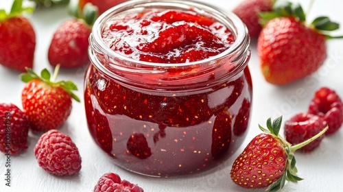 Wallpaper Mural A glass jar filled with strawberry jam sits on a white surface. The jar could also contain raspberry jam. Torontodigital.ca