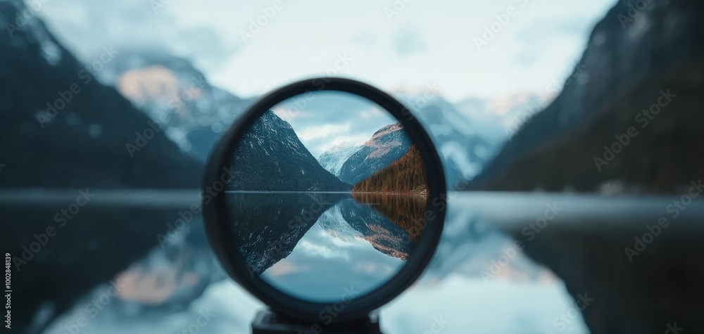 Close-up of a camera lens reflecting a stunning mountain landscape and lake, symbolizing the art of capturing nature through photography Close-up of a camera lens reflecting a stunning mountain landscape and lake, symbolizing the art of capturing nature through photography