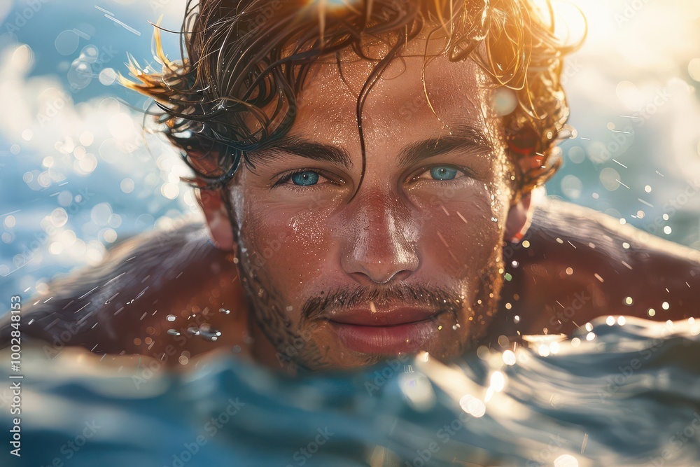 Man swimming in water with sunlit splashes, close-up expression. Man swimming in water with sunlit splashes, close-up expression.