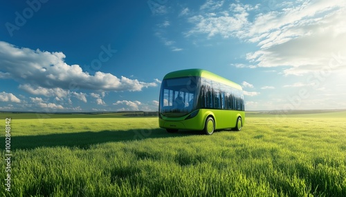 Electric Tourist Bus Against A Lush Green Field: A Sustainable And Scenic Mode Of Transportation For Sightseeing And Exploring Nature. photo