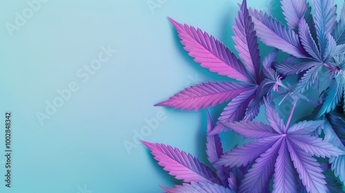 A purple and pink marijuana leaf is on a blue background