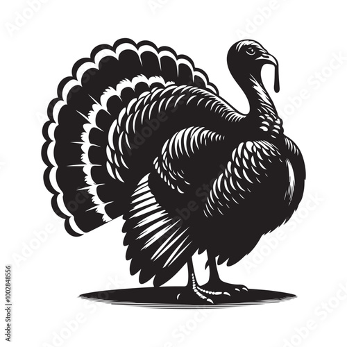 Turkey Silhouette, Stylish icon, template, background, tattoo. Print for t-shirt. Hand drawn vector illustration, Turkey  black vector, isolated.