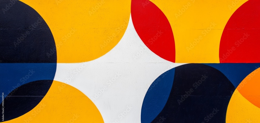 Dynamic geometric mural in vibrant hues of yellow, blue, and red, abstract street art with overlapping circles and squares Dynamic geometric mural in vibrant hues of yellow, blue, and red, abstract street art with overlapping circles and squares