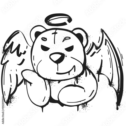 Spray paint graffiti black inky bear with angel wings and halo over head. Street art grafitti of hand drawn character, urban element with ink drips and splatters