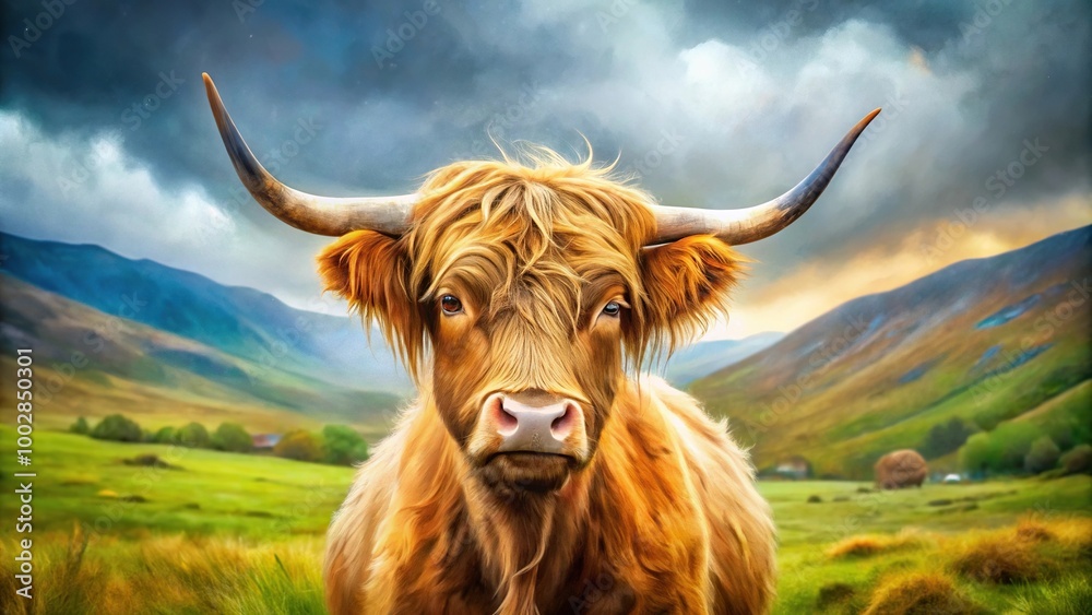 A beautiful aerial view of a highlander cow in Scotland painted in watercolor style A beautiful aerial view of a highlander cow in Scotland painted in watercolor style