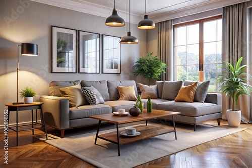 A cozy living room featuring elegant wooden paneling and stylish beige furniture, creating a warm and inviting atmosphere