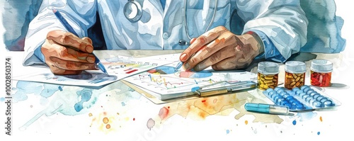 watercolor style, Pharmacist strategizing financial growth with watercolor investment charts, pharmaceutical finance photo