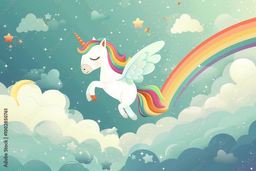 Obraz premium A unicorn with a rainbow on its back is flying through the sky