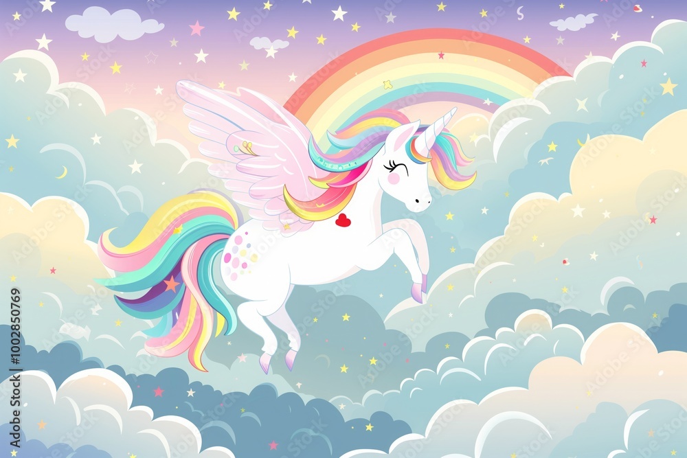 A unicorn with a rainbow on its back is flying through the sky A unicorn with a rainbow on its back is flying through the sky