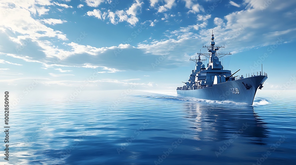 Fototapeta premium Military Warship Sailing on a Calm Sea