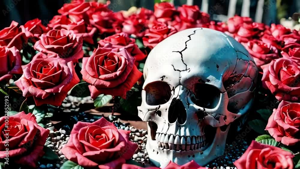A human skull resting amongst a bed of red roses, creating a striking still life scene. The skull is detailed and weathered, surrounded by vibrant roses with their petals falling to the ground.. AI A human skull resting amongst a bed of red roses, creating a striking still life scene. The skull is detailed and weathered, surrounded by vibrant roses with their petals falling to the ground.. AI