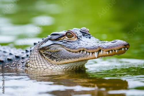 A close-up of a crocodile emerging from the water, showcasing its features.