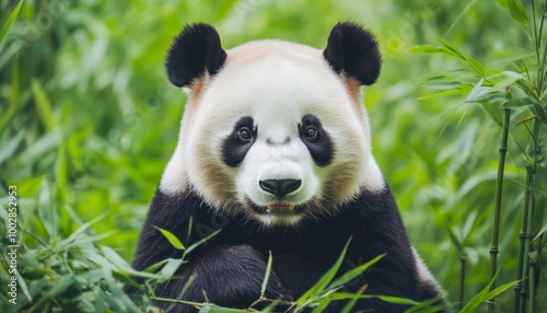 A close-up of a giant panda surrounded by green bamboo foliage.