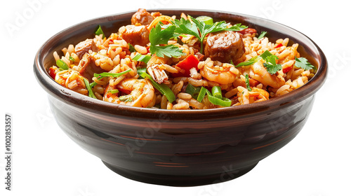 Jambalaya rice dish in a bowl. On transparent background. PNG