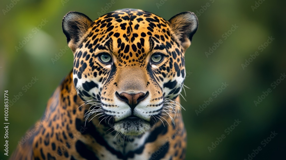 A close-up of a jaguar showcasing its distinctive coat and intense gaze. A close-up of a jaguar showcasing its distinctive coat and intense gaze.