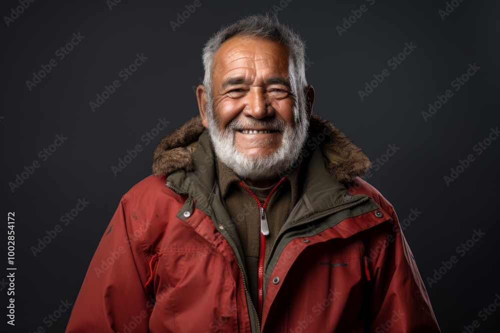 Obraz premium Portrait of a grinning indian man in his 70s wearing a warm parka on plain cyclorama studio wall
