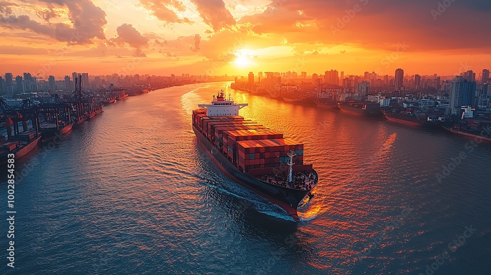 Capture an advanced container ship traversing a virtual supply chain network overlaying the sea, connecting cities worldwide Capture an advanced container ship traversing a virtual supply chain network overlaying the sea, connecting cities worldwide