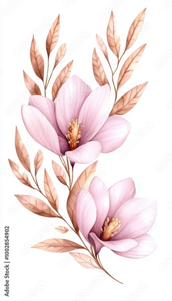 Fototapeta premium Beautiful pink magnolia flowers with delicate leaves, perfect for spring and floral design themes.