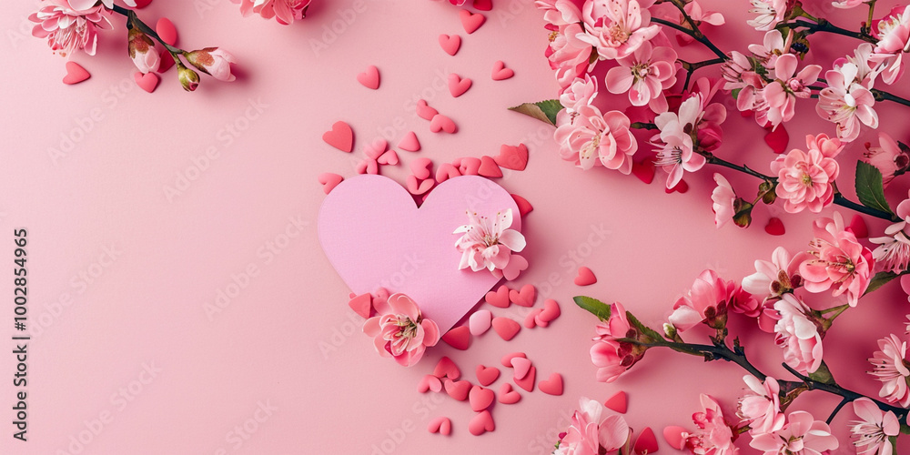 Fototapeta premium Valentine's Day Background with Pink Flowers and Heart Envelope