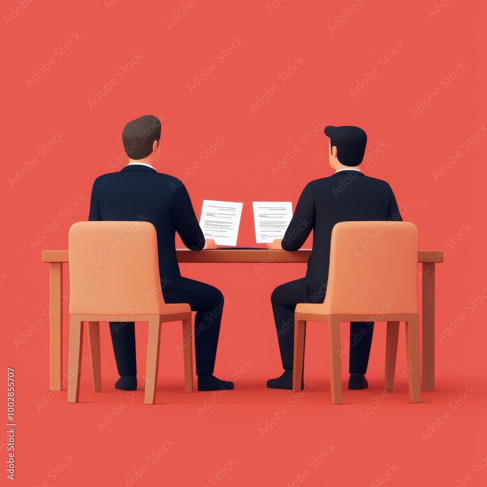 Two men in suits discussing documents at a table with a red background. Two men in suits discussing documents at a table with a red background.