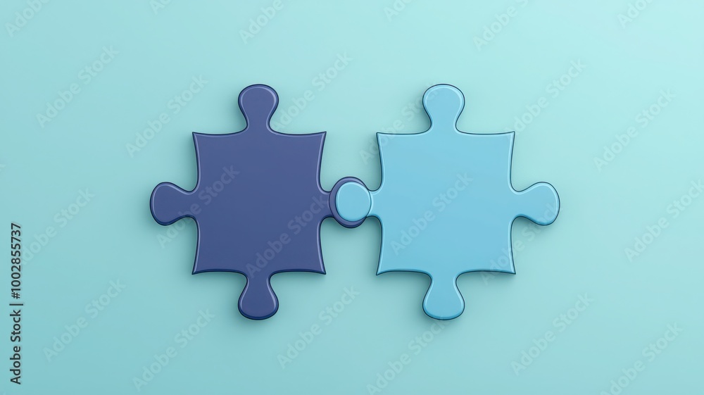 Two puzzle pieces fitting together, on a teal background. Two puzzle pieces fitting together, on a teal background.