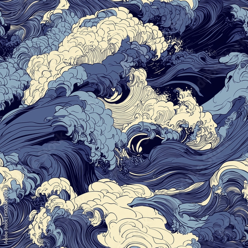 Seamless line graphic of blue waves in the sea during a storm. Suitable for designing fabric, tiles and wallpaper. photo