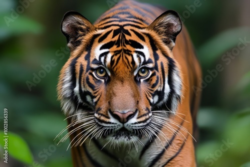 A close-up of a tiger in a lush green environment, showcasing its striking features.