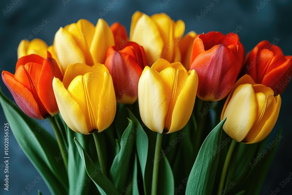 Obraz premium A Bouquet of Yellow and Red Tulips with Green Stems