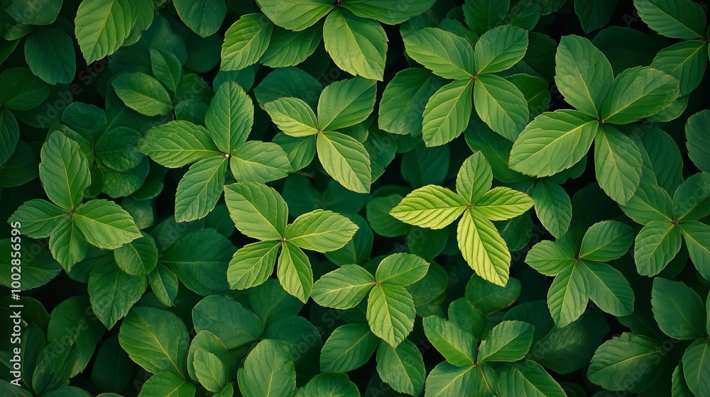 Lush green leaves covering the ground in a forest setting during daytime with sunlight illuminating their textures Lush green leaves covering the ground in a forest setting during daytime with sunlight illuminating their textures