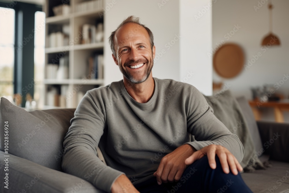Portrait of a satisfied man in his 40s wearing a cozy sweater isolated on crisp minimalistic living room Portrait of a satisfied man in his 40s wearing a cozy sweater isolated on crisp minimalistic living room