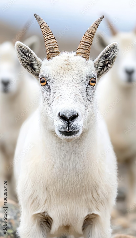 A close-up of a white goat with prominent horns and a serene expression. A close-up of a white goat with prominent horns and a serene expression.