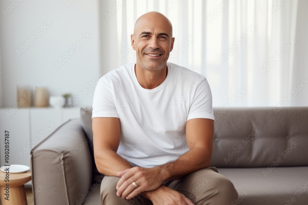 Portrait of a tender man in his 40s dressed in a casual t-shirt in crisp minimalistic living room Portrait of a tender man in his 40s dressed in a casual t-shirt in crisp minimalistic living room