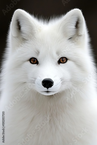 A close-up of a white Arctic fox with striking features and expressive eyes.