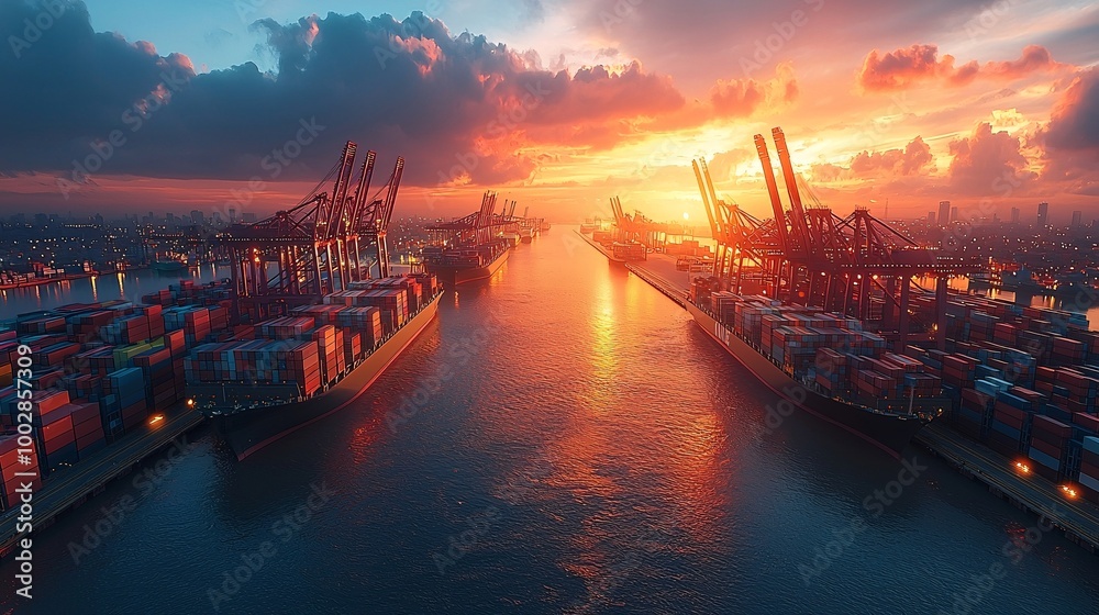 Render a futuristic port where AI, drones, and robotic cranes handle containers and optimize global logistics Render a futuristic port where AI, drones, and robotic cranes handle containers and optimize global logistics