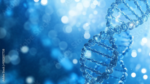 Transparent detailed DNA strand on blue background with copy space.