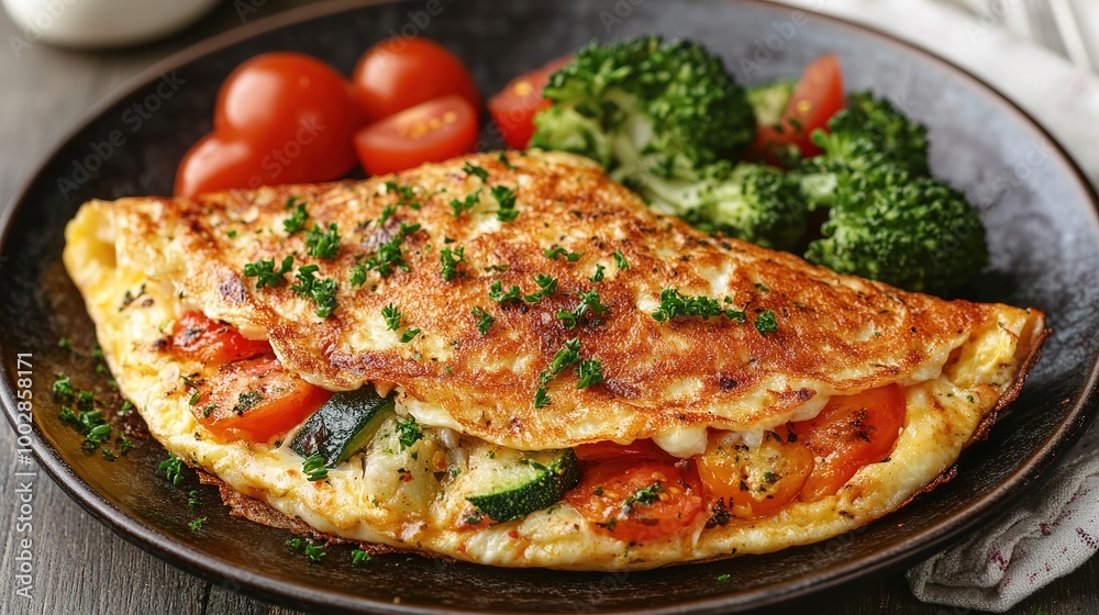 Fresh homemade omelette with mushrooms, feta cheese and herbs. A healthy protein breakfast with mushrooms and spinach Fresh homemade omelette with mushrooms, feta cheese and herbs. A healthy protein breakfast with mushrooms and spinach