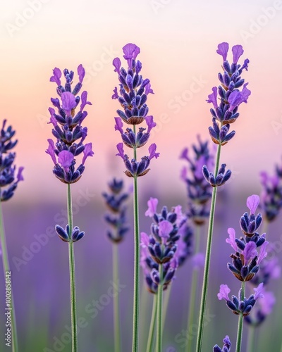 A close-up of lavender flowers against a soft, colorful background at sunset.