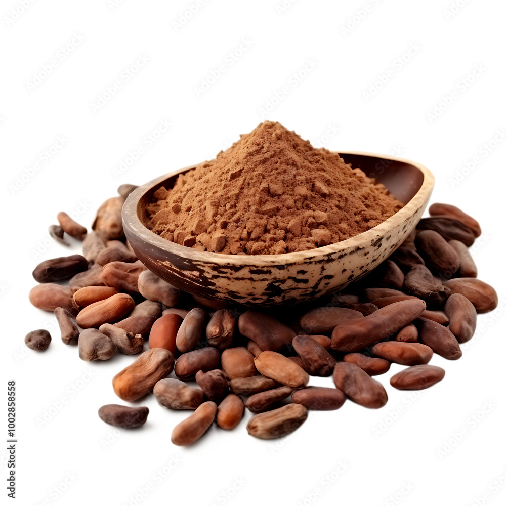 cocoa pod with beans and powder on transparent background cocoa pod with beans and powder on transparent background