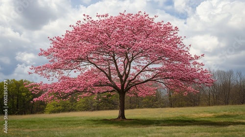 Blooming cherry blossom tree stands majestically in a vibrant green field under a cloudy sky in early spring