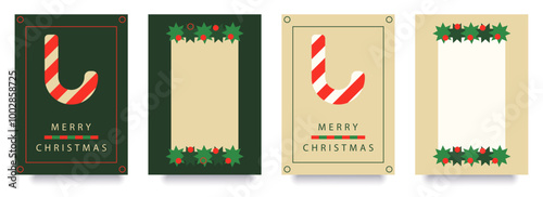 Merry Christmas greeting card, front and back, poster, cover. Modern Xmas design in simple geometric style in green, red, beige colors for ads, sales, print, season greetings, invitations
